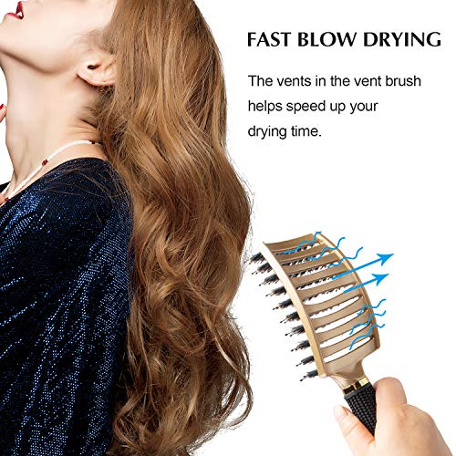 FIXBODY Cepillo de pelo con cerdas de jabalí, curvado y ventilado, para cabello largo, grueso, rizado y enredado (dorado)