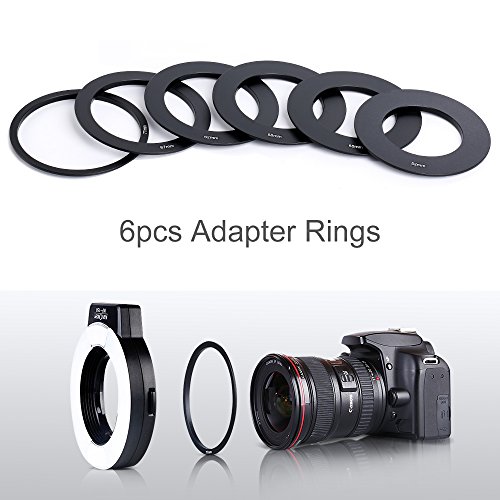 Flash Macro Canon- K&F Concept Flash Anular Ring para Canon Compatible con E-TTL, Esclavo Inalámbrico Pantalla LCD y 6 Anillos de Adaptadores 52MM 55MM 58MM 62MM 67MM 77MM para Cámara DSLR Canon