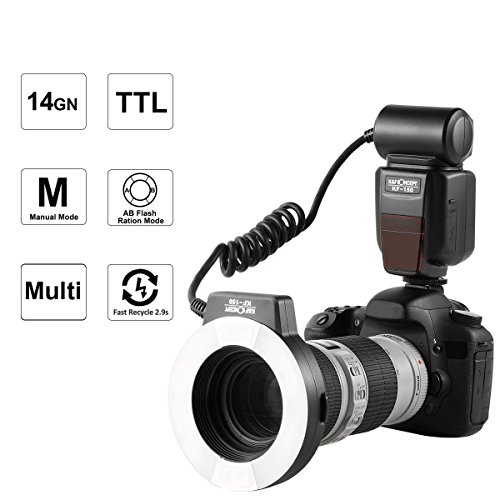 Flash Macro Canon- K&F Concept Flash Anular Ring para Canon Compatible con E-TTL, Esclavo Inalámbrico Pantalla LCD y 6 Anillos de Adaptadores 52MM 55MM 58MM 62MM 67MM 77MM para Cámara DSLR Canon