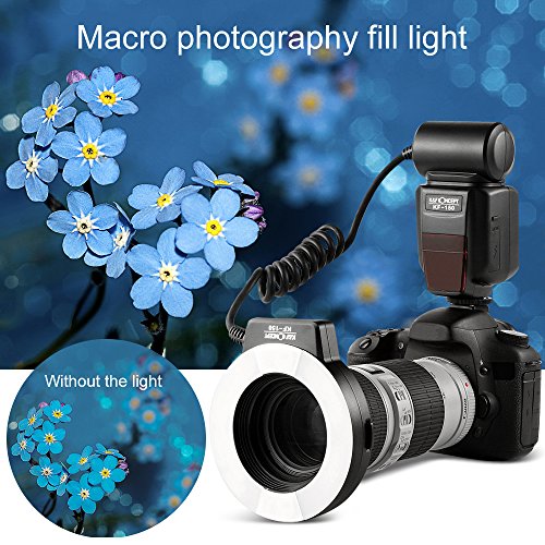 Flash Macro Canon- K&F Concept Flash Anular Ring para Canon Compatible con E-TTL, Esclavo Inalámbrico Pantalla LCD y 6 Anillos de Adaptadores 52MM 55MM 58MM 62MM 67MM 77MM para Cámara DSLR Canon
