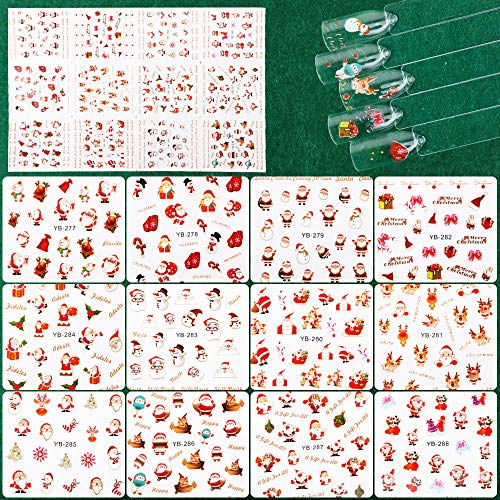 FLOFIA 4 Hojas Pegatinas Uñas Navidad al Agua (1500+ pcs) Decorativas Calcomanías Uñas Transferencia de Agua Patrón Navideñas Nail Stickers para Decoración Arte de Uñas Navidad (48 Hojitas)