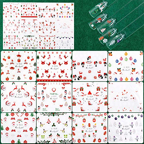 FLOFIA 4 Hojas Pegatinas Uñas Navidad al Agua (1500+ pcs) Decorativas Calcomanías Uñas Transferencia de Agua Patrón Navideñas Nail Stickers para Decoración Arte de Uñas Navidad (48 Hojitas)