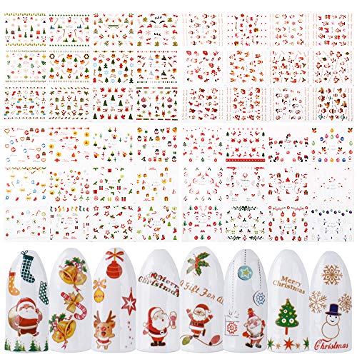 FLOFIA 4 Hojas Pegatinas Uñas Navidad al Agua (1500+ pcs) Decorativas Calcomanías Uñas Transferencia de Agua Patrón Navideñas Nail Stickers para Decoración Arte de Uñas Navidad (48 Hojitas)