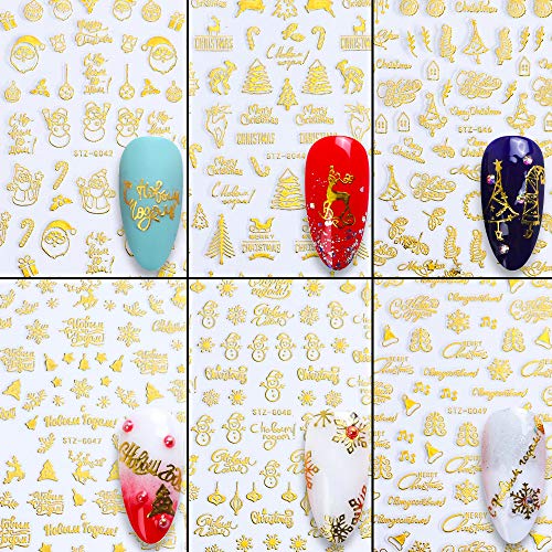 FLOFIA 850+ pcs Pegatinas Uñas Navidad Navideñas Decorativas 3D Nail Stickers Navidad Autoadhesivas Calcomanías Uñas Copos de Nieve Reno Muñeca de Nieve Bola Campana Arte de Uñas (12 Hojas)