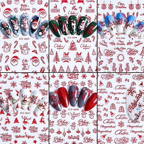 FLOFIA 850+ pcs Pegatinas Uñas Navidad Navideñas Decorativas 3D Nail Stickers Navidad Autoadhesivas Calcomanías Uñas Copos de Nieve Reno Muñeca de Nieve Bola Campana Arte de Uñas (12 Hojas)