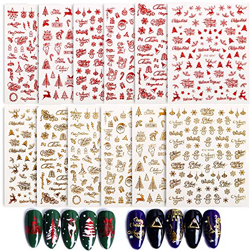 FLOFIA 850+ pcs Pegatinas Uñas Navidad Navideñas Decorativas 3D Nail Stickers Navidad Autoadhesivas Calcomanías Uñas Copos de Nieve Reno Muñeca de Nieve Bola Campana Arte de Uñas (12 Hojas)