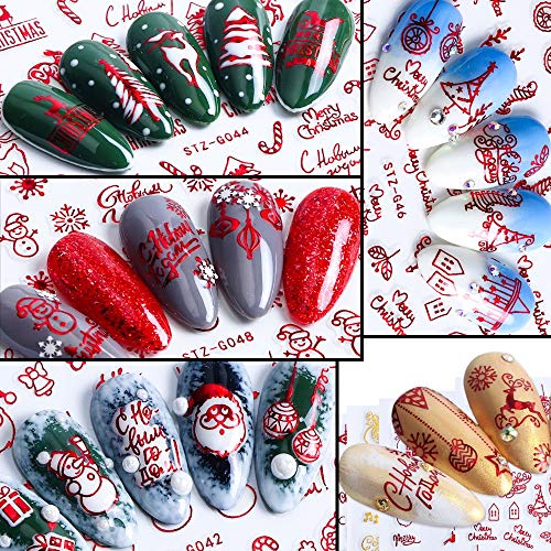 FLOFIA 850+ pcs Pegatinas Uñas Navidad Navideñas Decorativas 3D Nail Stickers Navidad Autoadhesivas Calcomanías Uñas Copos de Nieve Reno Muñeca de Nieve Bola Campana Arte de Uñas (12 Hojas)