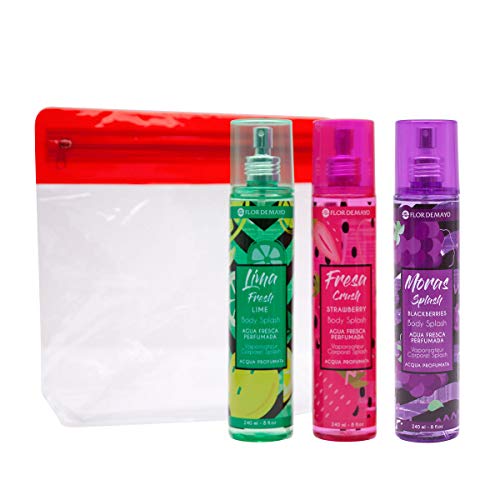 Flor de Mayo, Set 3 Aguas Frescas Perfumadas Fruity con Neceser para playa de Regalo. Body Splash con aroma a Lima Fresh, Moras Splash y Fresa Crush, 3 x 240ml