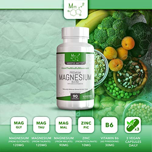 Fórmula de Magnesio 330 mg - Magnesio en 3 Tipos Diferentes Altamente Biodisponible - GLICINATO, TAURATO & MALATO + Vitamina B6 y Zinc - Activo por Dosis (90 Capsulas Vegetarianas)
