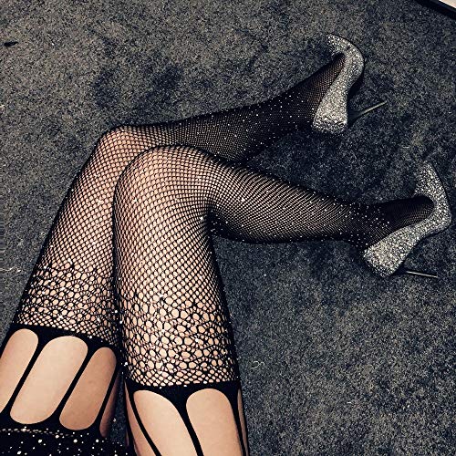 FOSTERSOURCE Yuedie Hot Rhinestone Medias Atractivas Calcetines Femeninos de Engranajes Abiertos Pantalones de Red Calcetines Base