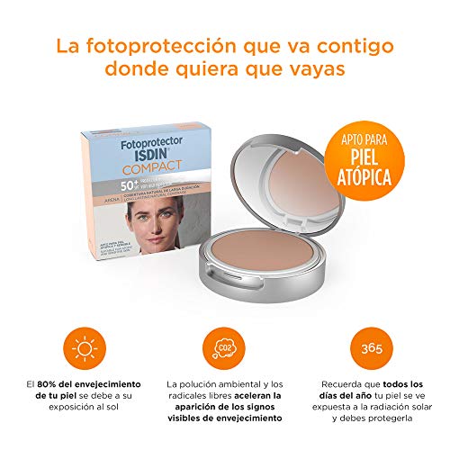 Fotoprotector ISDIN Compact SPF 50+ Arena - Protector solar facial, Cobertura natural de larga duración, Apto para piel atópica y sensible, 10 g