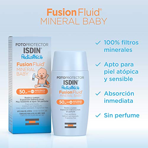 Fotoprotector ISDIN Fusion Fluid Mineral Baby SPF 50 - Protector solar facial formulado para la piel de niños y bebés, Filtros 100% físicos, Apto para pieles atópicas, 50 ml