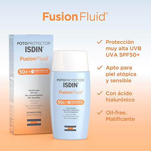 Fotoprotector ISDIN Fusion Fluid SPF 50+ - Protector solar facial, Matificante, Oil-free, No comedogenico, Apto para piel atópica, 50 ml