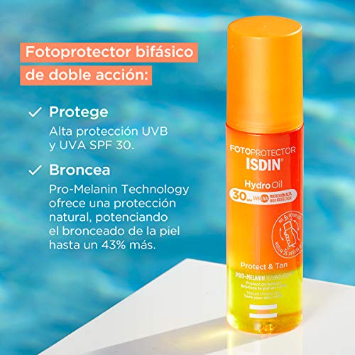 Fotoprotector ISDIN HydroOil SPF 30 - Protector solar corporal bifásico que protege y broncea la piel, 200 ml