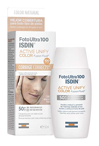 FotoUltra 100 ISDIN Active Unify Color SPF 50+ - Protector solar facial, Aclara y unifica el tono de piel, 50 ml