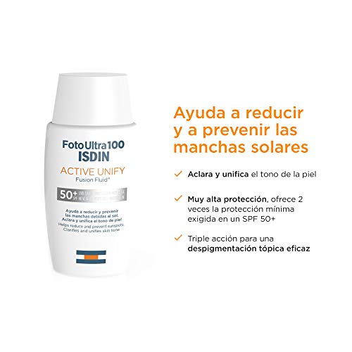 FotoUltra 100 ISDIN Active Unify SPF 50+ - Protector solar facial, Aclara y unifica el tono de piel, 50 ml