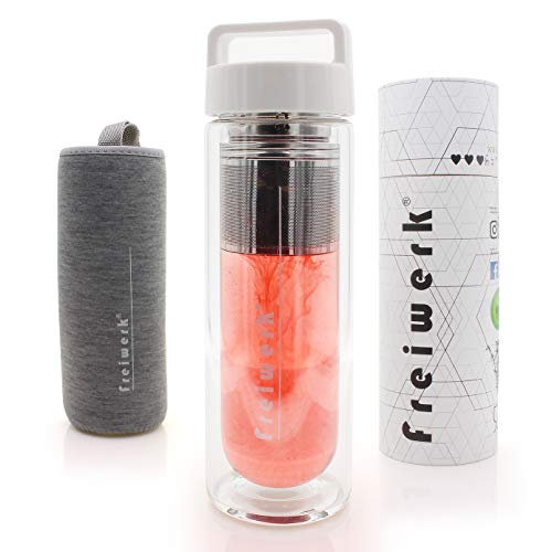 freiwerk® té Termo Botella Fabricante colador infusor Vidrio Doble Pared Tela de Neopreno Libre de BPA Tapa Gris Blanco 400ml