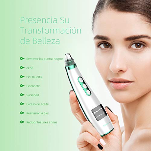 Frohmen Limpiador de Poros Quita Puntos Negros y Espinillas Limpiador Facial Electrónico Extractor Puntos Negros y Acné Recargable con Pantalla LED 5 Cabezales y 5 Modos