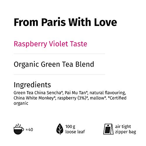 "From Paris with Love" Té Verde Orgánico sabor Violeta y Frambuesa, Bolsa A Granel 100 Gramos - alveus Premium Teas