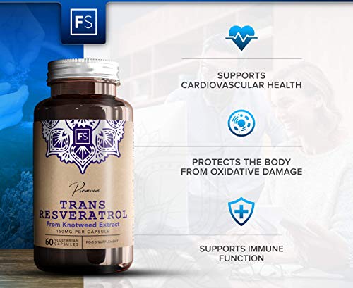 FS Trans Resveratrol 150mg 60 Capsulas Veganas Antioxidantes | Extracto de Alta Potencia para la Salud Cognitiva | Suplemento de Superalimentos - Sin Gluten, OGM o Lácteos