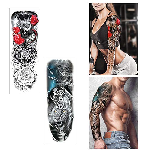Full Brazo tatuajes temporales, Konsait Grande Tatuaje Temporales Mangas negro tatuaje cuerpo pegatinas para adultos hombre mujer Lobo león dragón rosa Negro Tatuaje Temporal (16 hojas)