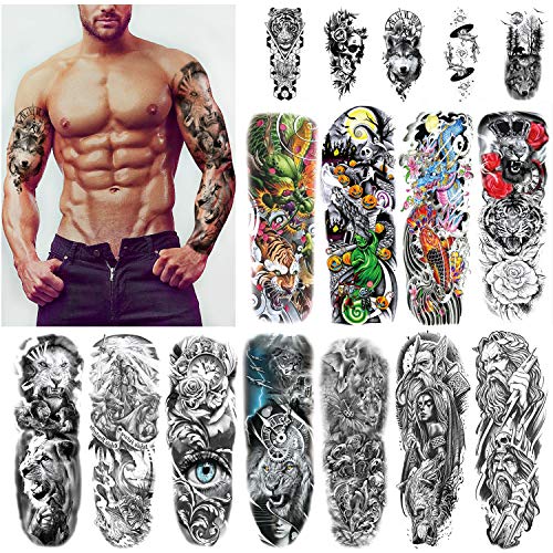 Full Brazo tatuajes temporales, Konsait Grande Tatuaje Temporales Mangas negro tatuaje cuerpo pegatinas para adultos hombre mujer Lobo león dragón rosa Negro Tatuaje Temporal (16 hojas)