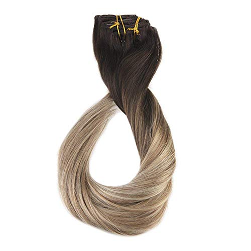 Full Shine Extenciones De Pelo Natural Humano Con Clips Cabellos Europeo Humano Balayage Color 2/8/22 Darkest Brown To Brown And Blonde Ombre Color Extensiones Cabello Humano For Women 16 Pulgadas