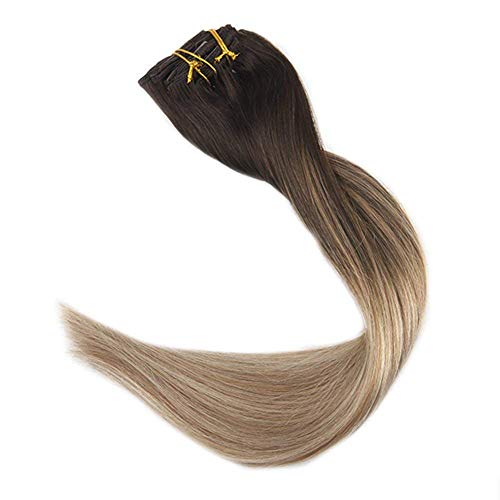 Full Shine Extenciones De Pelo Natural Humano Con Clips Cabellos Europeo Humano Balayage Color 2/8/22 Darkest Brown To Brown And Blonde Ombre Color Extensiones Cabello Humano For Women 16 Pulgadas