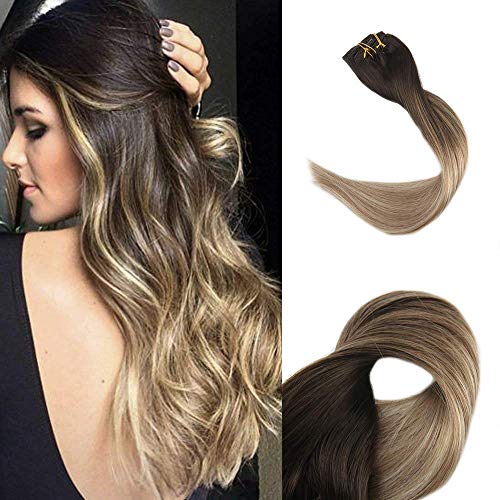 Full Shine Extenciones De Pelo Natural Humano Con Clips Cabellos Europeo Humano Balayage Color 2/8/22 Darkest Brown To Brown And Blonde Ombre Color Extensiones Cabello Humano For Women 16 Pulgadas