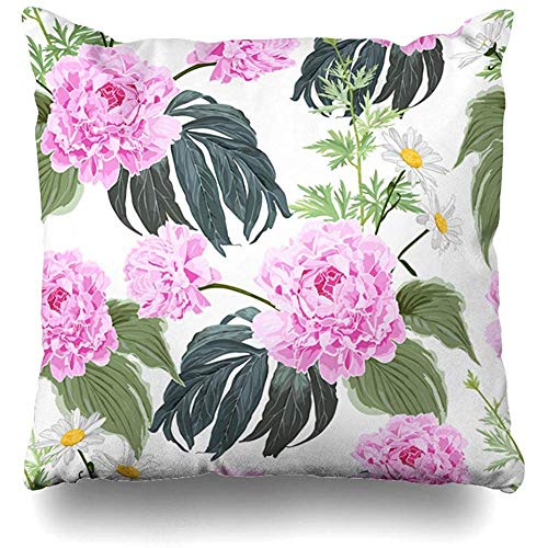 Funda de cojín Throw Pillow Cover Pink Garden Peonies Daisies Herbs Vintage Nature Bloom Blossom Botanic Botanical Bouquet Design Decorative Pillow Case Decor Square Size Pillowcase