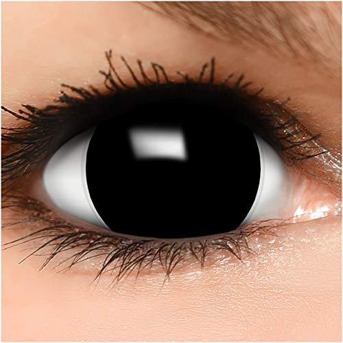 FUNZERA® Mini Sclera Lentillas de Colores Black + recipiente para lentes de contacto, sin dioptrías pack de 2 unidades - cómodas y perfectas para Halloween, Carnaval, sin corregir