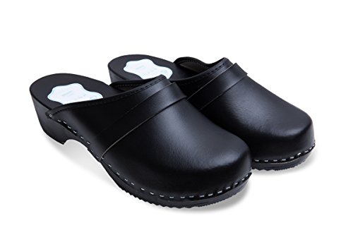Futuro Fashion® - Zuecos de Cuero auténtico con Suela de Madera - para Mujer - Colores Lisos Unisex - Blanco/Negro - Tallas 36-46 - Negro - 37 EU