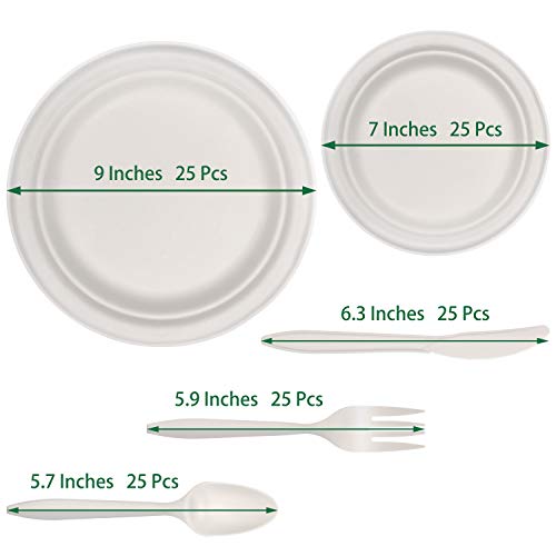 Fuyit Platos Desechables, 125 Piezas Vajilla, Incluye Biodegradable 25 Platos(9 Pulgadas), 25 Platos(7 Pulgadas), 25 Tenedores, 25 Cuchillos y 25 Cucharas para Fiesta, Picnic, Camping
