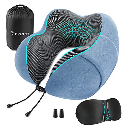FYLINA Almohada de Viaje Viscoelástica de Espuma de Memoria, Cervical Orthopedic Pillow Almohada de Cuello para el Tren de avión Viajes con máscara de Ojos, Tapones y Bolsa de Transporte (Azul Claro)