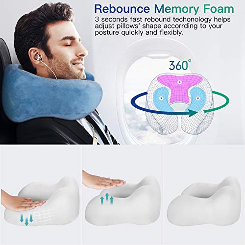 FYLINA Almohada de Viaje Viscoelástica de Espuma de Memoria, Cervical Orthopedic Pillow Almohada de Cuello para el Tren de avión Viajes con máscara de Ojos, Tapones y Bolsa de Transporte (Azul Claro)