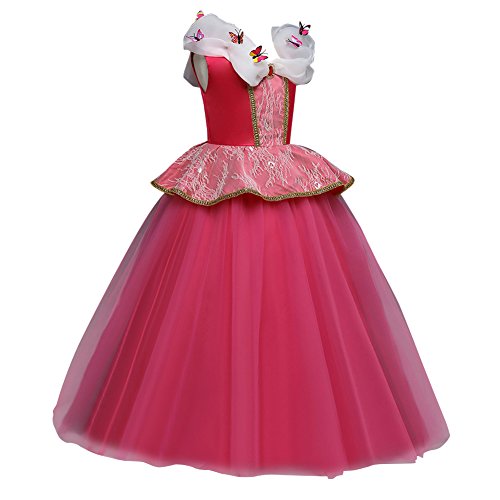 FYMNSI Disfraz de Princesa Aurora Niñas Carnaval Cosplay de la Bella Durmiente Rosa Tul Tutu Largo Vestido de Fiesta Ceremonia Halloween Navidad Cuento de Hadas Disfraces 7-8 años