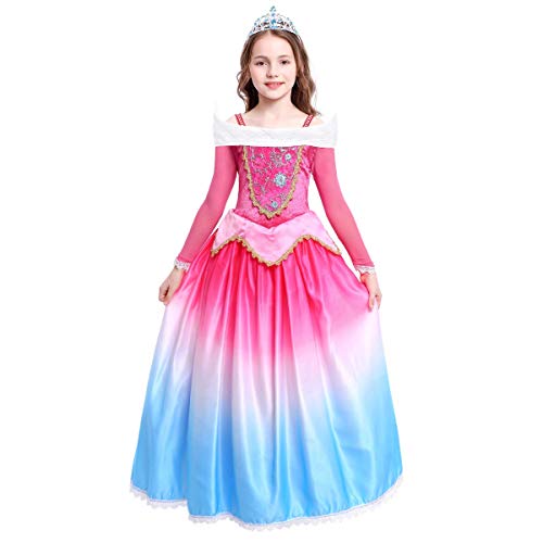 FYMNSI Disfraz de Princesa Aurora Vestido Traje de Bella Durmiente para Niña Sleeping Beauty Carnaval Cosplay Elegante Manga Larga Gradiente Vestido de Noche Largo Halloween Navidad Partido Disfraces