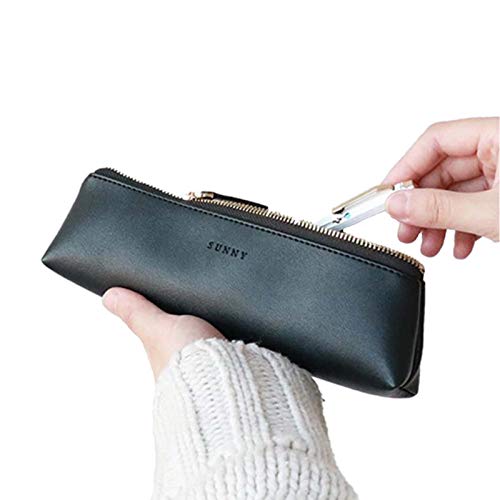 Fyore - Estuche de piel de lujo, diseño delgado con cremallera metálica, tamaño de bolsillo para bolígrafo y brocha de maquillaje, color negro 20*5*4.4cm