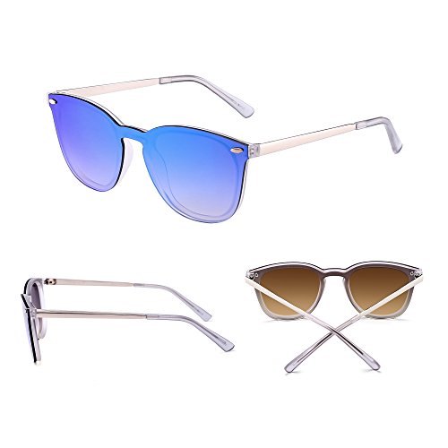 Gafas de Sol Sin Montura Una Pieza de Espejo Reflexivo Anteojos Para Hombre Mujer(Transparente Mate/Azul Grandiente Espejo)