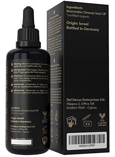 GANADOR 06/20* Aceite de Jojoba ORGÁNICO - Vegano + Prensado en Frío - Rico en Vitamina E para una Piel Suave y Pelo y Uñas Sanas - Envasado en Botella de Vidrio de 100 ml - 100% Puro y Natural