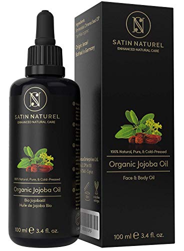 GANADOR 06/20* Aceite de Jojoba ORGÁNICO - Vegano + Prensado en Frío - Rico en Vitamina E para una Piel Suave y Pelo y Uñas Sanas - Envasado en Botella de Vidrio de 100 ml - 100% Puro y Natural