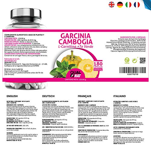 Garcinia Cambogia + L-Carnitina + Té Verde | Potente Quemagrasas | Reductor del apetito |Tú Complemento Natural para Adelgazar| 180 Cápsulas- Qualnat