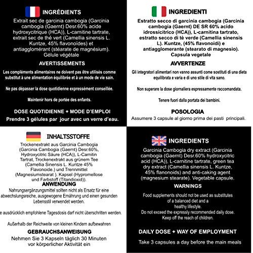 Garcinia Cambogia+L-Carnitina+Té verde, quemagrasas natural efectivo. La mejor fórmula Quemagrasas para adelgazar. Fórmula de máxima calidad con alta concentración de HCA 60%. 180 cápsulas.