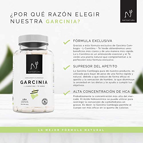 Garcinia Cambogia+L-Carnitina+Té verde, quemagrasas natural efectivo. La mejor fórmula Quemagrasas para adelgazar. Fórmula de máxima calidad con alta concentración de HCA 60%. 180 cápsulas.