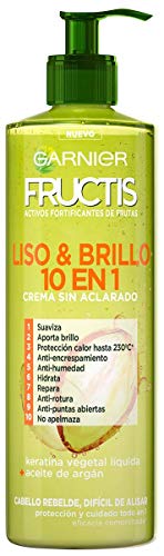 Garnier Fructis Liso & Brillo 10 en 1 Crema Sin Aclarado para Pelo Liso, Rebelde, Difícil de Alisar - 3 Unidades x 400 ml