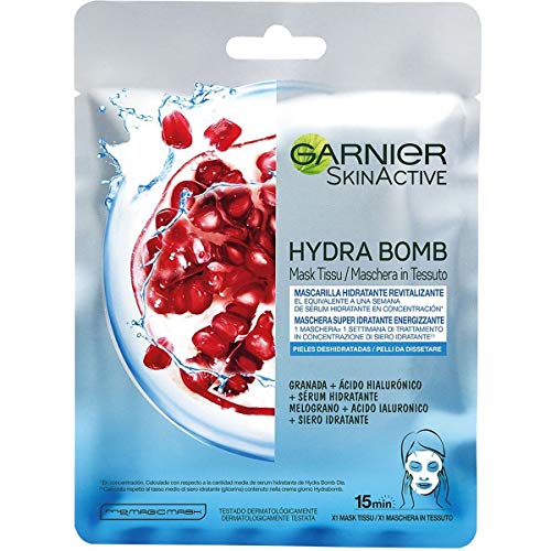 Garnier Skin Active - Mask tissu Mascarilla de tejido Revitalizante con Ácido hialurónico y granada antioxidante para pieles deshidratadas - 5 unidades