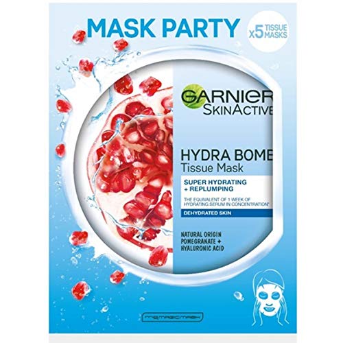 Garnier Skin Active - Mask tissu Mascarilla de tejido Revitalizante con Ácido hialurónico y granada antioxidante para pieles deshidratadas - 5 unidades