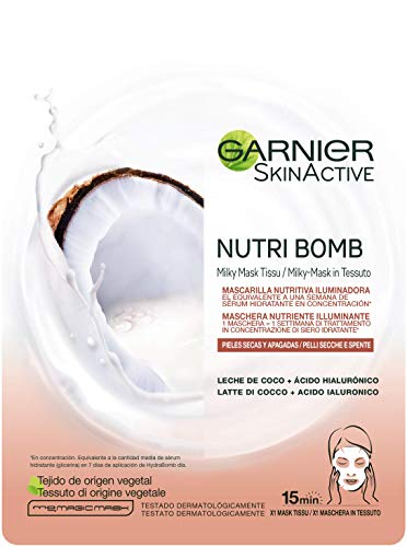 Garnier Skin Active Nutri Bomb Milky Mask Tissu Iluminadora Mascarilla de Tejido con Leche de Coco y Ácido Hialurónico para Pieles Secas y Apagadas 36 g