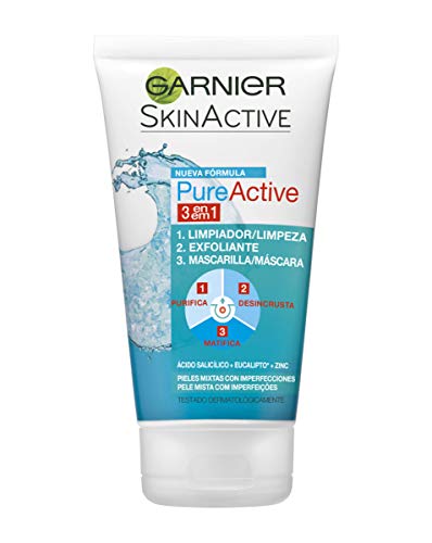 Garnier Skin Active Pure Active Gel 3 en 1 para Pieles Mixtas a Grasas Limpiador, Exfoliante y Mascarilla, 150 ml