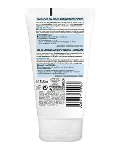 Garnier Skin Active - Pure Active Sensitive, Limpiador de Poros sin Jabón, con Zinc y Extracto de Hamamelis, para Pieles Sensibles, 150 ml